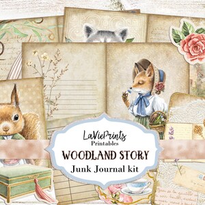 Puede incluir: Un kit de diario de chatarra digital imprimible con un tema de bosque. El kit incluye imágenes de un zorro, una ardilla, un mapache, una rosa, una taza de té, una jaula para pájaros y una llave. El kit también incluye varias páginas de papel de estilo vintage con texto escrito a mano y diseños florales. El texto en el kit dice "LaViePrints Printables Woodland Story Junk Journal kit".