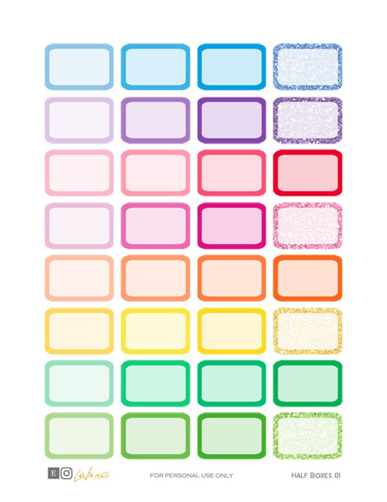 Printable Planner Stickers Half Boxes Rainbow Glitter | Etsy