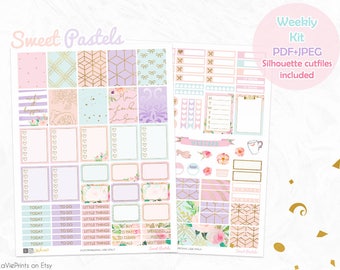 Planner stickers printable, Floral pastel stickers, Glam planner, Glitter stickers, floral, Use with Erin Condren, cut files, planner kit