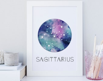 Printable Sagittarius constellation wall art, zodiac printable wall art decor, instant digital download, Sagittarius wall art, space art