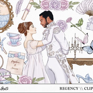 Regency Clip art set, hertogin illustraties, zijn haar elementen illustraties, Hand getrokken illustraties, rozen, vlinder, Regencycore kunst