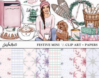 Winter Fashion Clipart: Hand-Drawn Festive Scrapbook Papers (Digital Download)