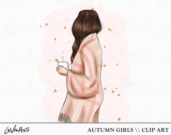 Herbst Mode Mädchen Clip Art, Mode Illustrationen, gemütliche Clip Art, Handgezeichnete Clip Art, Herbst ästhetik, glitter pink Clip Art