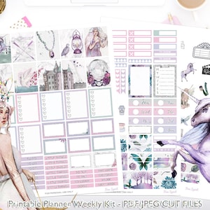 Free Spirit Weekly Kit, Naklejki do Planera Wróżek do Wydruku, Magic Kingdom Weekly Kit, Naklejki do Planera Jednorożca dla Erin Condren, Cutlines