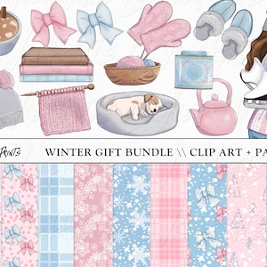 Winter Clipart, fashion Illustration, winter planner girl clip art, Hand Drawn clip art, winter scrapbook papers, Pink blue Aesthetic, cozy