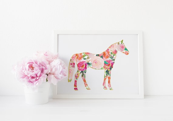 Horse wall art print, floral horse art print, watercolor horse wall art print, Summer wall art decor, Nursery wall art, office art decor
