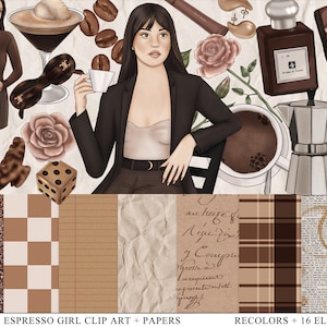 Espresso Cafe Estética Clip Art / Ilustración de moda marrón / Imágenes PNG dibujadas a mano / Paquete gráfico digital / conjunto de paquetes de papel clip art