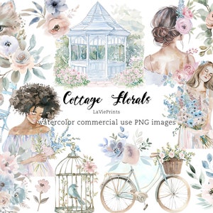 Clipart Floral Cottage | Clipart été aquarelle | Clipart Floral Fashion Girl | Illustrations de fleurs douces | Cottage Art esthétique