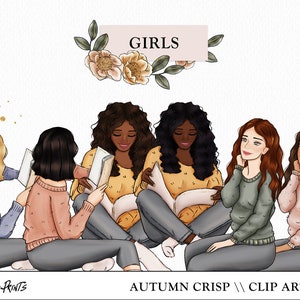 May include: Five girls are sitting together, reading books. They are wearing jumpers and jeans. The girls have different hair colours and skin tones. The image is titled "GIRLS" and "AUTUMN CRISP // CLIP ART SET".