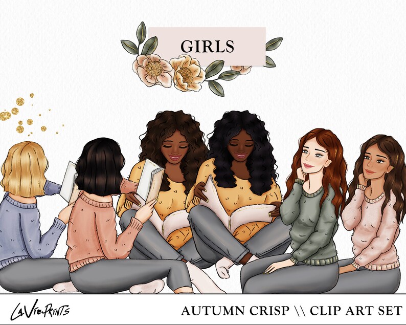 May include: Five girls are sitting together, reading books. They are wearing jumpers and jeans. The girls have different hair colours and skin tones. The image is titled "GIRLS" and "AUTUMN CRISP // CLIP ART SET".