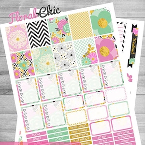 Floral Printable Planner Stickers, Black/Pink/Mint/Gold/Floral/Paris, use with Erin Condren, Printable Weekly kit, Spring Planner Stickers