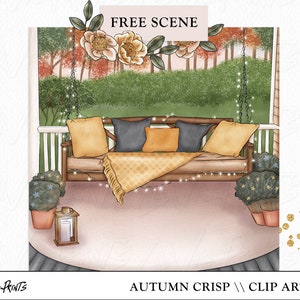 May include: A digital illustration of a porch swing with a blanket and cushions. The swing is surrounded by greenery and flowers. The text "FREE SCENE" is at the top of the image. The text "AUTUMN CRISP // CLIP ART SET" is at the bottom of the image.