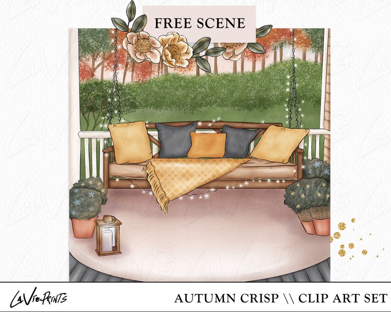 May include: A digital illustration of a porch swing with a blanket and cushions. The swing is surrounded by greenery and flowers. The text "FREE SCENE" is at the top of the image. The text "AUTUMN CRISP // CLIP ART SET" is at the bottom of the image.