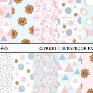 Op de afbeelding: Een set van 10 digitale scrapbook-papieren met verschillende patronen in roze, blauw en goud. De patronen omvatten geometrische vormen, stippen, sterren en zonnebloemen.