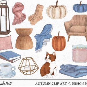 May include: A set of autumn-themed digital clip art illustrations. The set includes a lantern, a scarf, a pair of socks, a pumpkin, a blue pumpkin, an armchair, a blanket, a stool, a pillow, a book, a candle, a cat, a cup of coffee, and a candle holder.  AUTUMN CLIP ART // DESIGN KIT