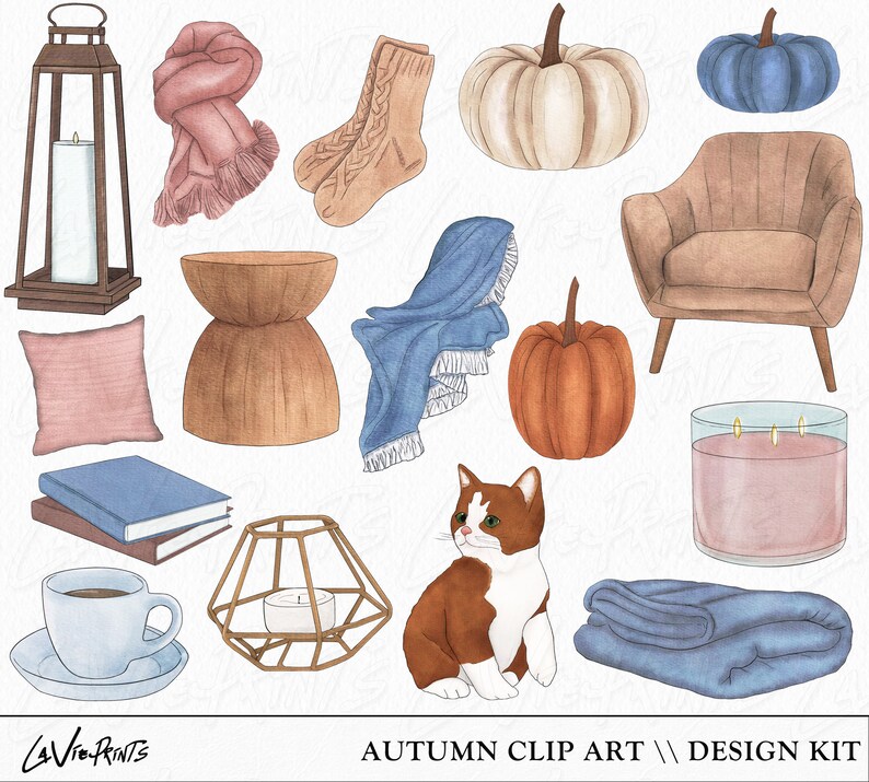 May include: A set of autumn-themed digital clip art illustrations. The set includes a lantern, a scarf, a pair of socks, a pumpkin, a blue pumpkin, an armchair, a blanket, a stool, a pillow, a book, a candle, a cat, a cup of coffee, and a candle holder.  AUTUMN CLIP ART // DESIGN KIT