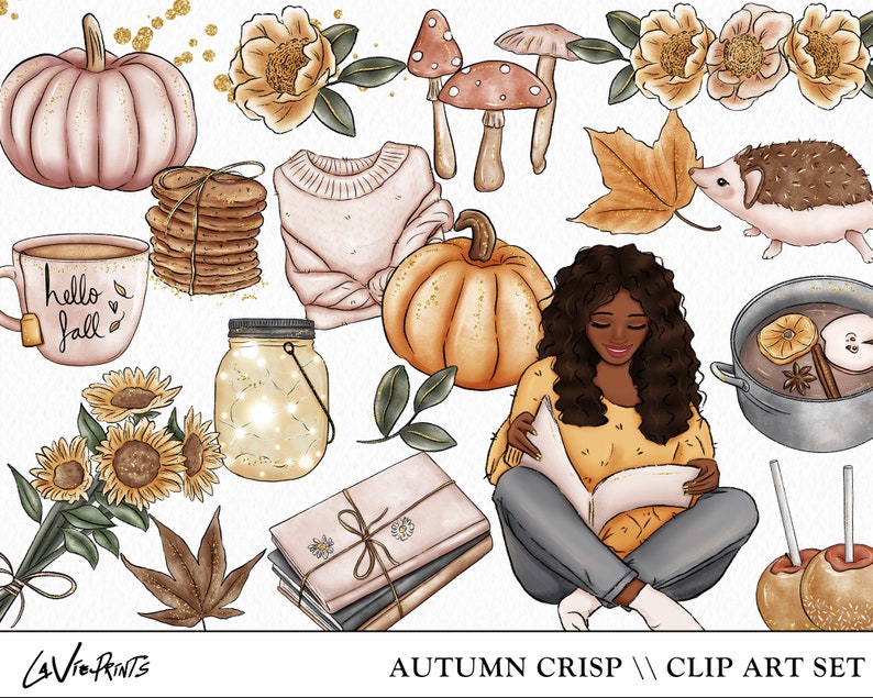 May include: A digital clip art set with an autumn theme. The set includes illustrations of pumpkins, leaves, a hedgehog, a mug with the text "hello fall", a jar with lights, a stack of books, a woman reading a book, a jumper, cookies, and more.