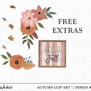 May include: Autumn clip art design kit with floral elements, leaves, and a sign that says "Hello Fall" in a pink and white plaid pattern.