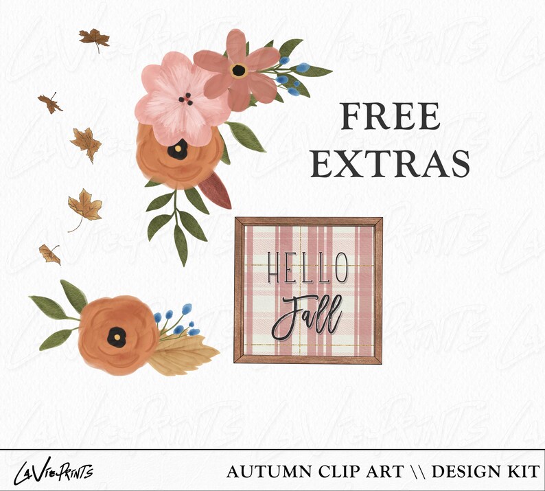 May include: Autumn clip art design kit with floral elements, leaves, and a sign that says "Hello Fall" in a pink and white plaid pattern.