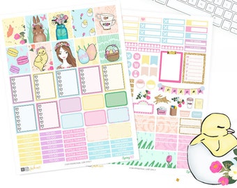 Autocollants de planificateur de printemps, kit hebdomadaire imprimable, à utiliser avec Erin Condren, autocollants de planificateur dessinés à la main, macarons pastel floraux, goûter de Pâques