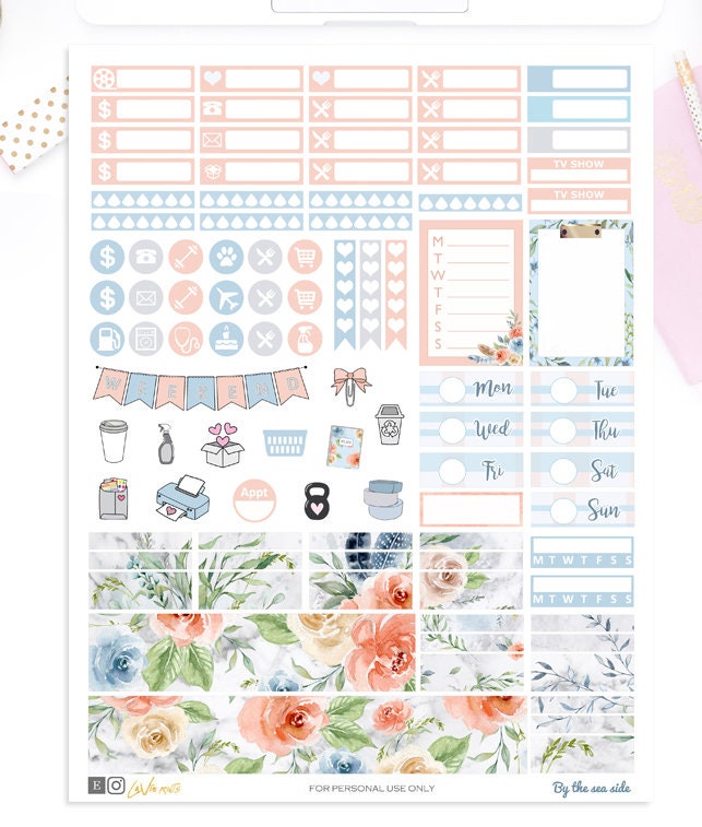 Seaside Weekly Kit Printable Planner Stickers - Floral Weekly Kit Erin ...