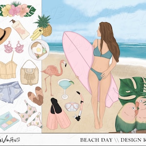 Summer beach Clipart, Vacation Illustrations, Fashion Girl Hand Drawn, 53 Individual PNG items, Tropical beach surfer girl clip art, island