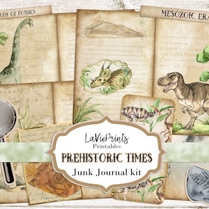 Dinosaurussen ongewenste dagboekafdrukbare items | Antieke papieren scrapbooking | Collagebladen | Prehistorisch tijdperk | Paleontologie, fossielen, botanisch, kaarten