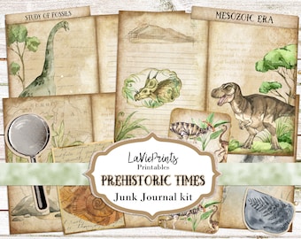 Dinosaurs Junk Journal Printables | Scrapbooking Antique Papers | Collage Sheets | Prehistoric era | Paleontology, Fossils, Botanical, maps