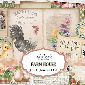 Kit de diario basura de animales de granja, diario basura de la casa de campo imprimible, hojas de collage de papel efímera imprimibles, vacas de caballos florales de cabaña