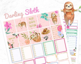 Sloth Planner Stickers, Printable weekly kit, Animal stickers, Sloth stickers, use with Erin Condren, floral, watercolor stickers, Cutfiles