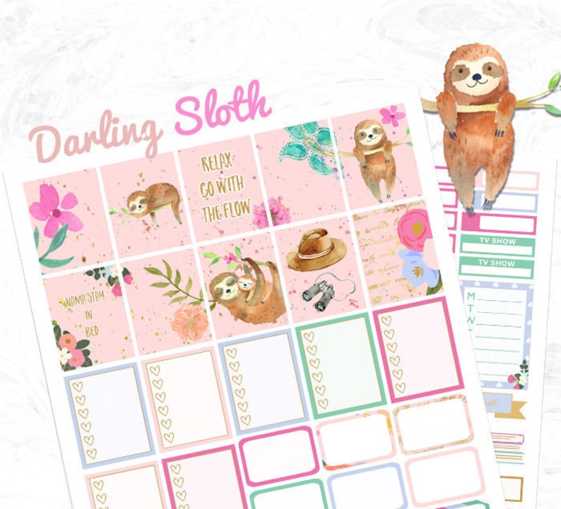 Faultier Planner Sticker, Druckbares Wochenset, Tier Sticker, Faultier Sticker, Verwendung mit Erin Condren, floral, Aquarell Sticker, Cutfiles Bild 1