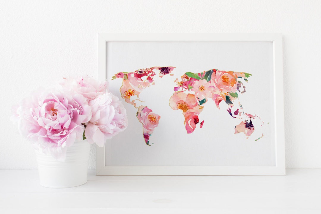 World Map Art Print, Floral World Map Art Print, Office Wall Art ...