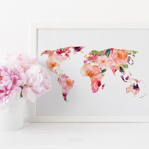 Impression d'art carte du monde, impression d'art carte du monde florale, art mural de bureau, impression d'art carte de voyage, carte du monde aquarelle, carte imprimable, impression d'art chic