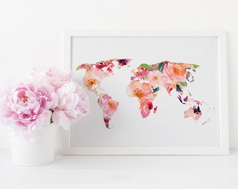 World Map Art Print, Floral World Map Art Print, Office Wall Art, Travel Map art Print, Watercolor World Map, Printable Map, Chic Art Print