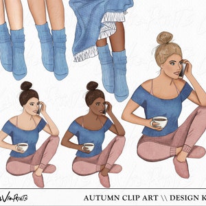 May include: Three illustrations of women in blue shirts and pink pants, sitting with legs crossed, holding a cup of coffee and talking on a phone. The women have different skin tones and hairstyles.