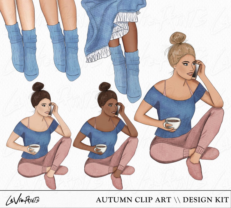 May include: Three illustrations of women in blue shirts and pink pants, sitting with legs crossed, holding a cup of coffee and talking on a phone. The women have different skin tones and hairstyles.