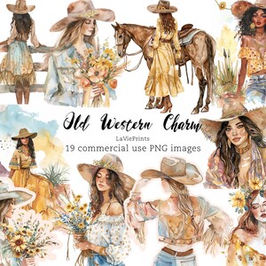 Clipart Far West | Clipart Cowgirl aquarelle | Illustrations du Far Western | Clipart éphémère de scrapbooking, tenue d'un journal, charme rustique