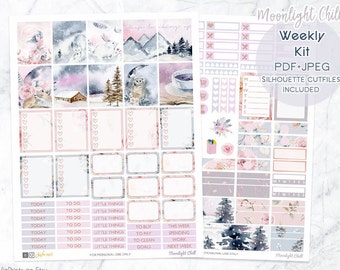 Printable Planner Stickers for Erin Condren Planner, Winter Glam stickers, Weekly Planner Kit, woodland animals, Floral, mountain, coffee