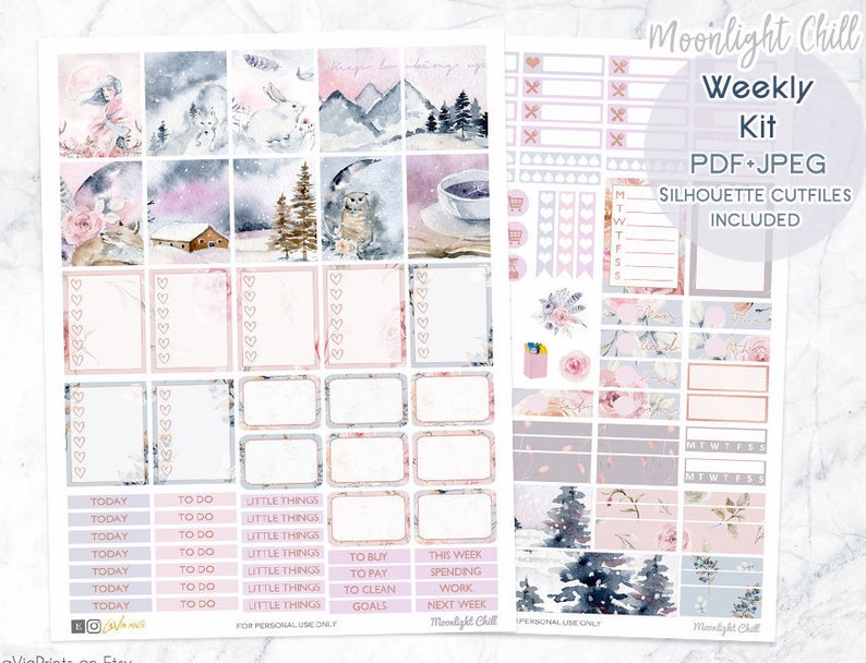 Printable Planner Stickers for Erin Condren Planner, Winter Glam stickers, Weekly Planner Kit, woodland animals, Floral, mountain, coffee image 1