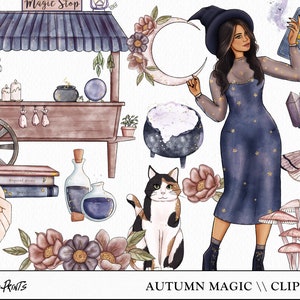 May include: A digital illustration set featuring a witch with a black hat and a blue dress, a cauldron, a cat, mushrooms, a magic shop, and other magical elements. The text "Autumn Magic" is included in the image.