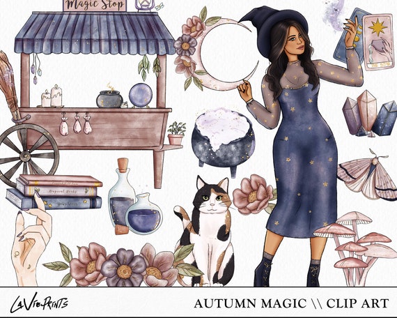 Autumn Witch Clip Art Set: Hand-Drawn Magic Illustrations (Digital Download)