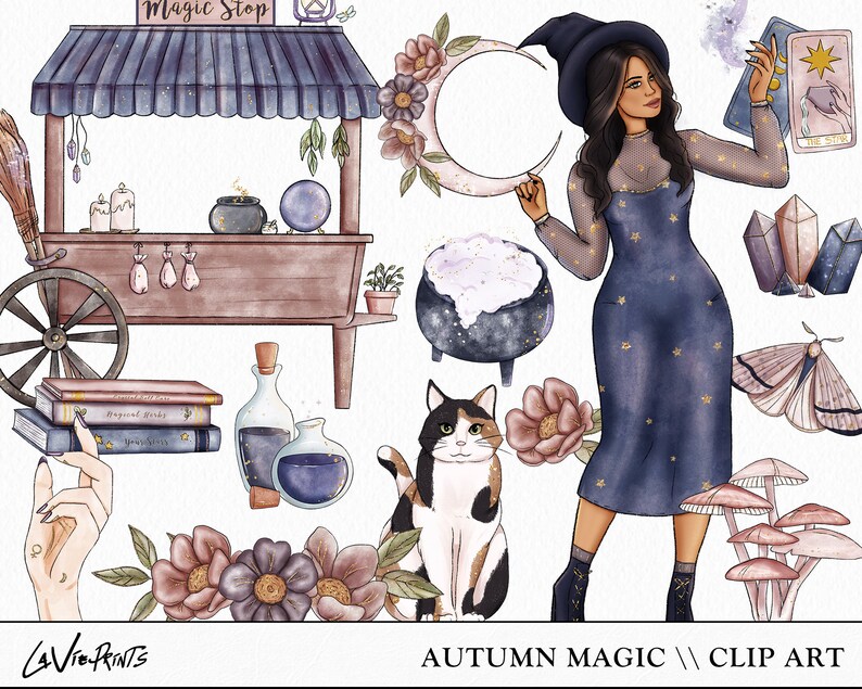 May include: A digital illustration set featuring a witch with a black hat and a blue dress, a cauldron, a cat, mushrooms, a magic shop, and other magical elements. The text "Autumn Magic" is included in the image.