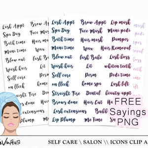 May include: A set of digital stickers featuring phrases related to self-care and salon services. The stickers are in a variety of colors, including pink, purple, and blue. The text on the stickers includes phrases like "Lash Appt", "Spa Day", "Bath Time", "Mani Time", "Blow Out", "Wash Hair", "Self Care", "On Fleek", "Straight Fire", "Brows Done", "Lash Extensions", and "Lip Plump". The stickers are designed to be used in digital planners, journals, and other digital documents.