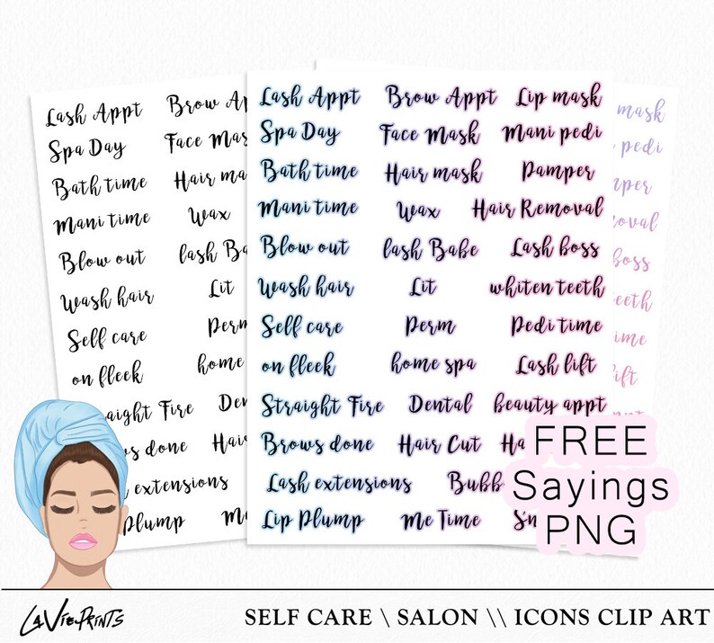 May include: A set of digital stickers featuring phrases related to self-care and salon services. The stickers are in a variety of colors, including pink, purple, and blue. The text on the stickers includes phrases like "Lash Appt", "Spa Day", "Bath Time", "Mani Time", "Blow Out", "Wash Hair", "Self Care", "On Fleek", "Straight Fire", "Brows Done", "Lash Extensions", and "Lip Plump". The stickers are designed to be used in digital planners, journals, and other digital documents.