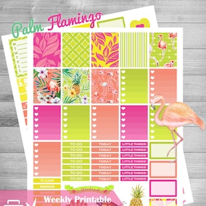 Flamingo Printable Planner stickers, Printable Pineapple stickers, Printable weekly kit, use with Erin condren, tropical stickers, Palm leaf