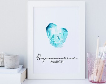 March wall print, Birthstone wall art, Aquamarine wall art, Aquamarine gemstone print, Calendar birthstone print, Birthday Gift print