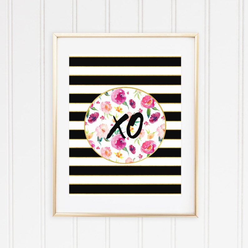 XO wall art print, XO printable art, XO print, xoxo, Kisses and hugs, Hug and kiss, floral, black stripes, Tea Time, Office, Trendy, Kate image 1