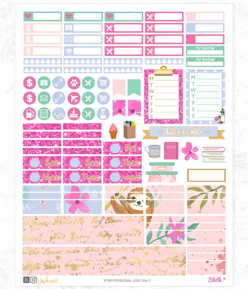 Faultier Planner Sticker, Druckbares Wochenset, Tier Sticker, Faultier Sticker, Verwendung mit Erin Condren, floral, Aquarell Sticker, Cutfiles Bild 5