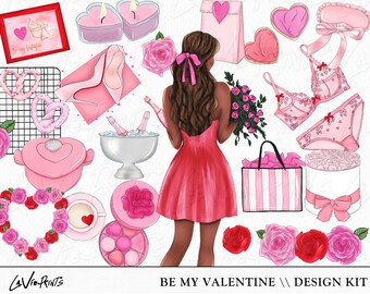 Valentinstag Clipart: Mode Mädchen Illustrationen (Digitaler Download)
