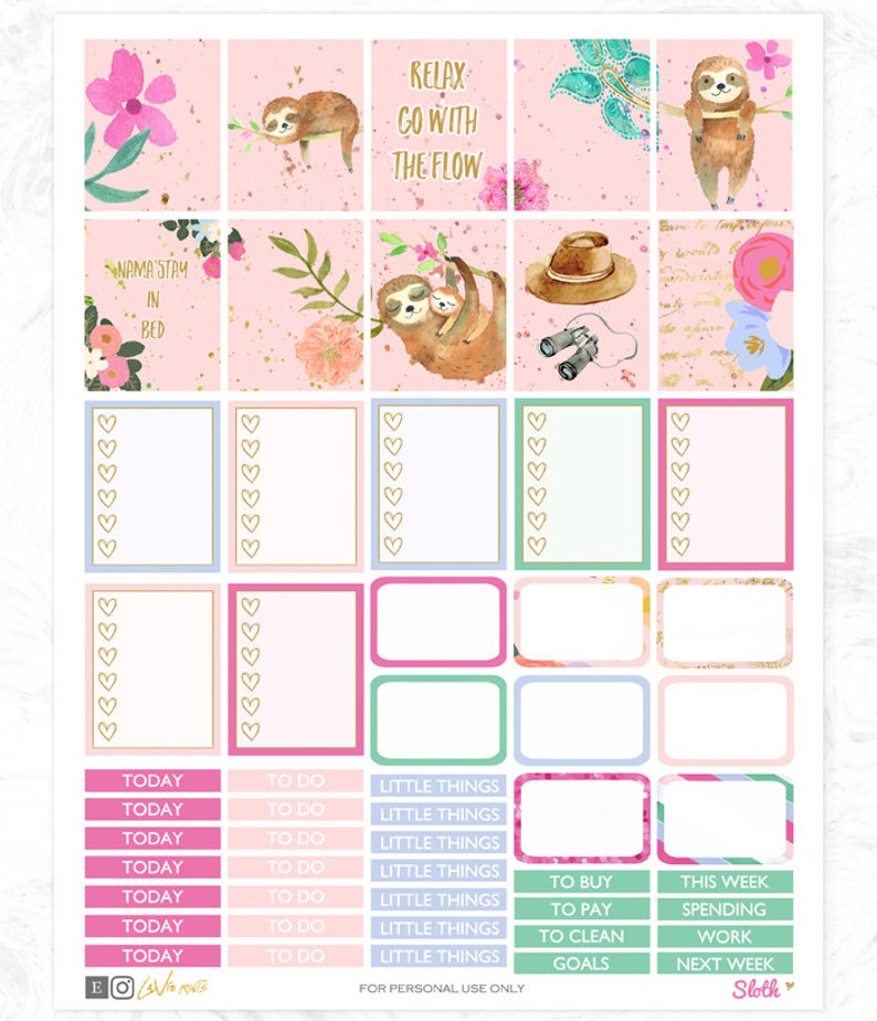 Faultier Planner Sticker, Druckbares Wochenset, Tier Sticker, Faultier Sticker, Verwendung mit Erin Condren, floral, Aquarell Sticker, Cutfiles Bild 4